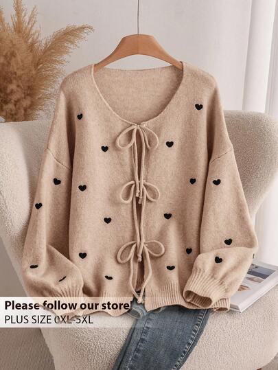CosyJoli Plus Size Women Heart Knitted Cardigan, French Elegant Fashion Autumn/Winter Sweater Coat Thanksgiving