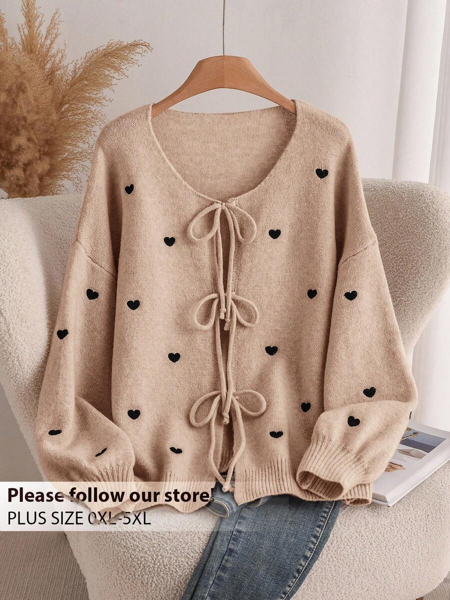 CosyJoli Áo len cardigan dệt kim hình trái tim cỡ lớn cho nữ, áo khoác len thời trang thanh lịch kiểu Pháp thu/đông - Màu be - Xem 1