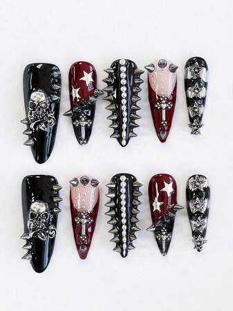Goth 10 piezas de uñas postizas con remaches de estilo punk + 3 piezas de cinta adhesiva doble cara para arte de uñas, de alta calidad y hecho a mano con decoración retro de calavera y estrella de metal, forma de almendra larga, adecuado para todas las estaciones, reutilizable, apropiado para uso diario, fiestas y bailes.