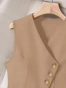 GlowEve CURVE Plus Size Women's Solid Color Single-Breasted Casual/Work Vest - Khaki - View 4