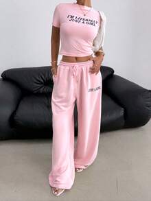 SHEIN EZwear Women's Slogan Print Round Neck Short Sleeve Fitted T-Shirt And Drawstring Waist Wide Leg Pants Casual 2-Piece Set Outfits 2 Piece Set Women 2 Piece Sets Summer - Pink - View 5