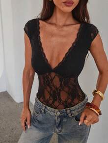 Aloruh V领蕾丝性感半透明无袖连体衣，黑色 - 黑色 - 查看 5