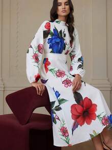 EMERY ROSE Elegant Floral Print High Neck Ruched Front Long Sleeve Midi Dress, Autumn/Winter - White - View 5