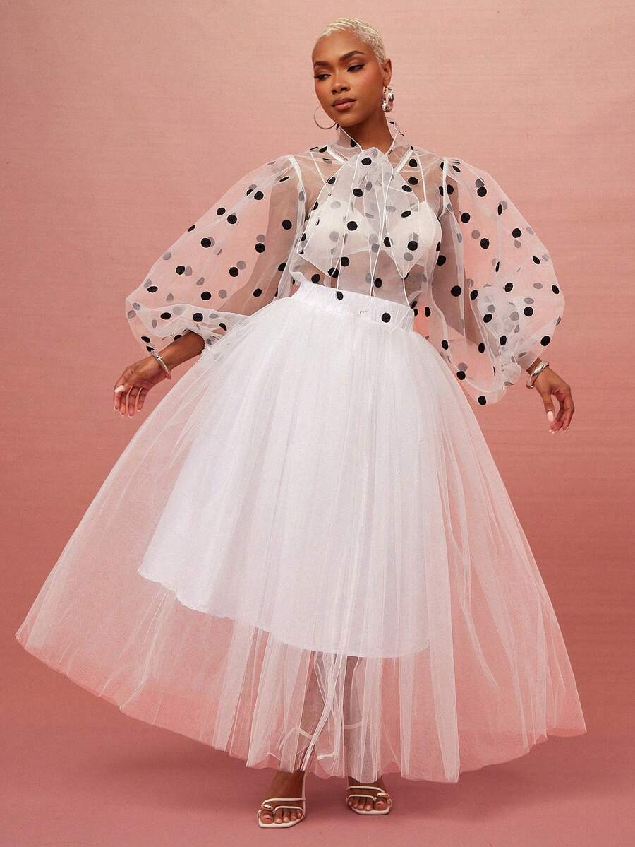 Vixey Black Double Layer Tulle Mesh Midi Skirt With Taffeta Lining - White - View 1