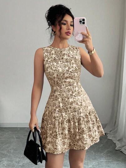 Vestido elegante de cuello redondo con estampado bohemio para mujer,Diseño ajustado a la cintura con detalles de volantes,Vestidos de mujer, vestidos estampados de mujer