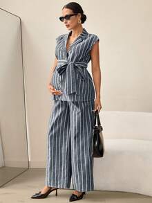 MaterniWear Maternity Wear, Maternity Dresses, Elegant Commuting/Office Attire, Summer Dark Gray Striped Collared Single-Breasted Shirt And Wide-Leg Trousers Casual Set, Adjustable Elastic Waistband, Pure Cotton Maternity Wear, Two-Piece Set, Casual Two-Piece Set, Women's Summer Two-Piece Set. - Grey - View 3