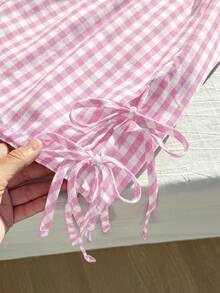 Comfortcana 浅粉色格子系带三蝴蝶结上衣短裤两件套，加大码，夏季 - 淺粉色 - 查看 5