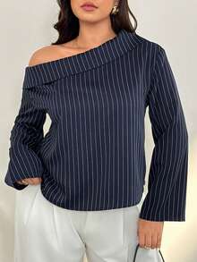 Auralis Navy Blue & White Striped Asymmetric Ruffle Detail Blouse, Plus Size Shirt For Commute, Office, Performance, Date, Sexy, Elegant Romantic, Office Lady, Mermaid Style, Birthday Party Arabian - Blue and White - View 7