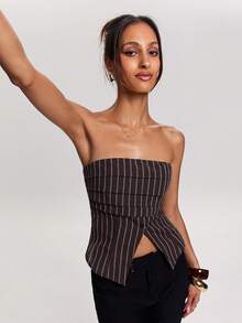 SHEIN BAE 春夏女式休闲度假街头风无肩带条纹叠层下摆开衩抹胸上衣，开衩下摆设计，完美适合休闲外出、日常穿着、休闲装扮和户外活动。Y2K风格上衣，条纹上衣，姐妹街头风。 - 棕色 - 查看 6