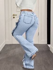 BamGleam Quần jeans ống loe nữ thời trang thường ngày, có túi, phối họa tiết, xếp ly và gấu quần. - Màu xanh lam - Xem 2