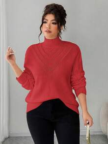 Elenzga 大码女式V领纯色套头毛衣，冬季女式红色毛衣，大码女式毛衣 - 紅色 - View 4