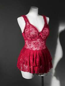 SHEIN Valentine's Day Plus Size Sexy Lace Trim Mesh Bow Babydoll Lingerie Set With G-String - Burgundy - View 3