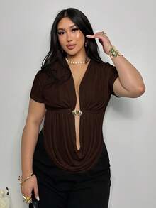 Firerie Plus Size Elegant Sexy Draped Neck Sleeveless Blouse With Metal Buckle Decor And Side Slit, Comfortable & Casual For Spring/Summer Sexy - Coffee Brown - View 5
