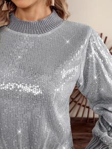 SHEIN LilyWest Áo len nữ màu trơn tay phồng đính sequin thời trang dự tiệc - Xám - Xem 7