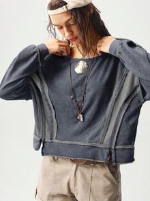 Bohemela Sweatshirt Wanita Lengan Panjang Berkerudung Longgar Model Crop Warna Polos Gaya BOHO Kasual untuk Musim Gugur/Dingin - Grey - View 5