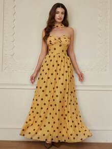 Aveloria Rosie 复古波点印花网纱扭结装饰连衣裙，配腰带，优雅法式浪漫女装 - 彩色 - 查看 1