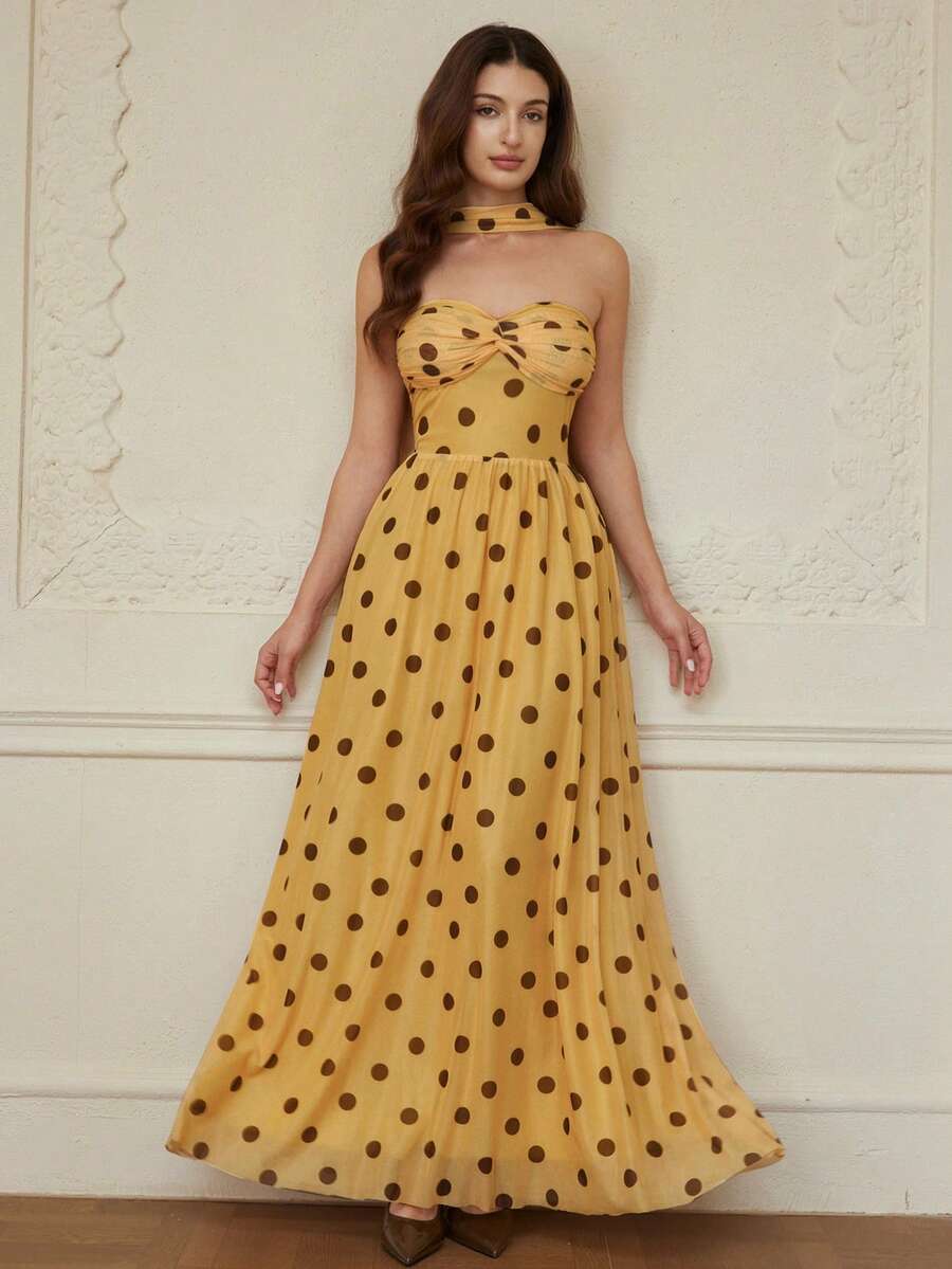 Aveloria Rosie 复古波点印花网纱扭结装饰连衣裙，配腰带，优雅法式浪漫女装 - 彩色 - 查看 1