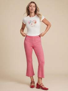 WESTFADE 刺绣镂空格纹修身喇叭七分弹力裤 - 紅白色 - 查看 3