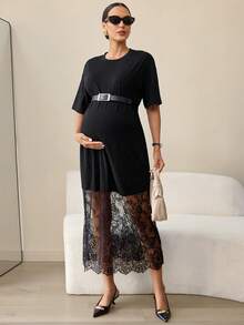 MaterniWear 孕妇圆领短袖撞色蕾丝下摆优雅连衣裙 - 黑色 - 查看 5