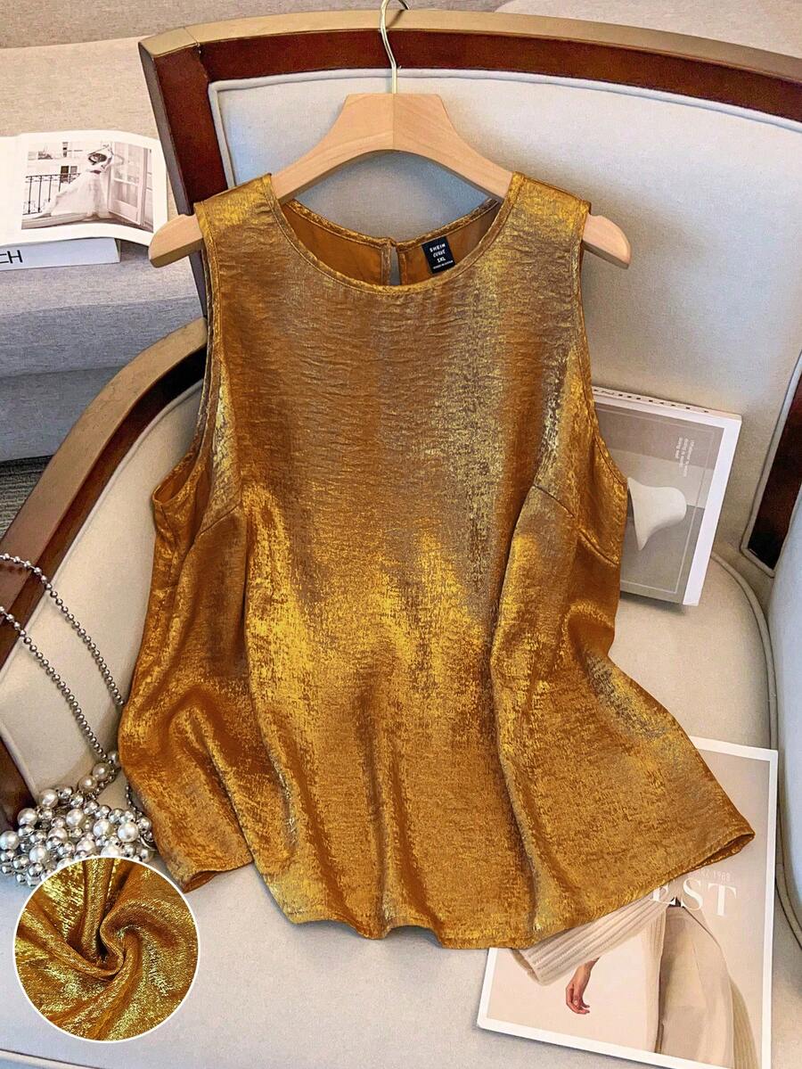 GlowEve CURVE 大码女式宽松圆领奢华金属光泽休闲背心，适合日常夏季穿着和假日派对穿着。 - 橘色 - 查看 1