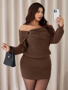 Auralis Plus Size Women's Chocolate Brown Elegant Off Shoulder Knitted Dress,Autumn Long Sleeve Sweater Dresses,Solid Color Knit Date Night Two Piece Set - Brown - View 4