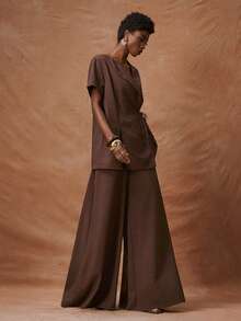 Zivah 女士纯色交叉系带露脐上衣搭配松紧腰阔腿裤度假派对套装 - 棕色 - 查看 7