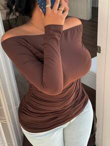 Easura Plus Size Women's Minimalist Off Shoulder Pleated Casual Top - Brown - View 6