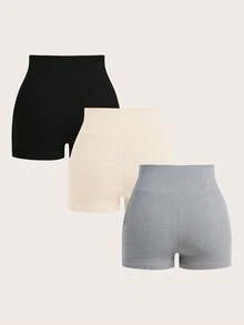 SHEIN BASICS 3件套休闲纯色针织修身短裤（女款） - 彩色 - 查看 2