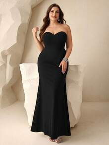 Coutiva 大码女式拼接仿珍珠装饰网纱高端晚礼服，优雅派对礼服，尽显奢华气质 - 黑色 - 查看 3