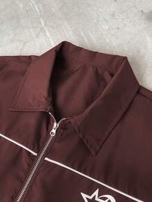 PAVTROS Manfinity Streetrush 2pcs Men's Star Print Short Sleeve Zipper Front Shirt & Shorts Outfit - Burgundy - View 4