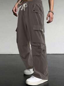 Manfinity Homme Men's Solid Color Casual Cargo Pants, Loose Fit With Pockets, Fashion - Coffee Brown - View 4
