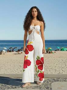 CAJUNI 女士花卉刺绣前系带腰部镂空性感抹胸阔腿连体裤 - 杏色 - 查看 3