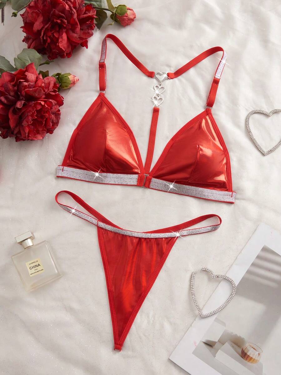 SHEIN 2pcs Set Heart Rhinestone Decor Metallic Lingerie Set Bridallingerie, Rave - Red - View 1