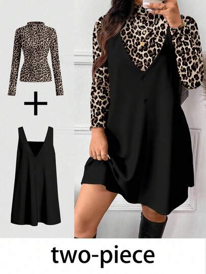 SHEIN Frenchy 2pcs/Set Plus Size Women Casual Elegant Leopard Print Blouse And Contrast Black Dress, Autumn/Winter Leopard Print Outfit Dresses For Women Long Sleeve