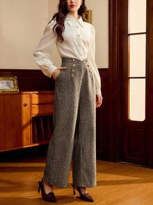 Vintamour 复古优雅女士长裤，带口袋，羊毛千鸟格双排扣休闲办公度假套装裤，秋季女装，冬季女装，商务休闲女装，办公室女装，工作女装，西式女装，秋季女装，工作女装，秋季女装，圣诞节教堂服装，工作裤，早午餐女装，节日女装，西式女装 - 黑與白 - 查看 6