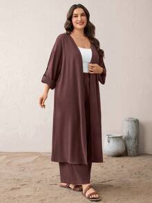 SHEIN Essnce Ensemble deux pièces grande taille pour femmes, composé d'un cardigan long texturé ample et confortable pour l'automne/hiver et d'un pantalon ample. Ensemble conservateur, ensemble de pantalon, jalabiya, tenue de printemps pour femmes, ensembles casual pour femmes - Kaki - Voir 3