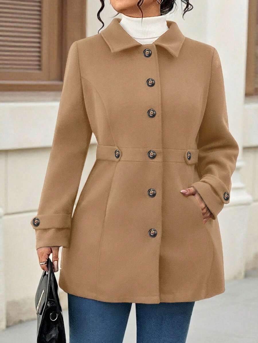 SHEIN Tall CURVE Plus Size Women Tall Fitted Wool Blend Coat, Single Breasted - Khaki - View 1