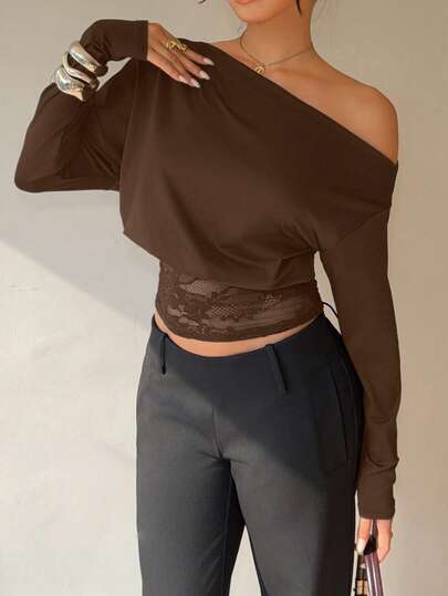 Siren Gaze Damtröja med långärmad spetsmönster och sneda axlar, ny höst/vinter