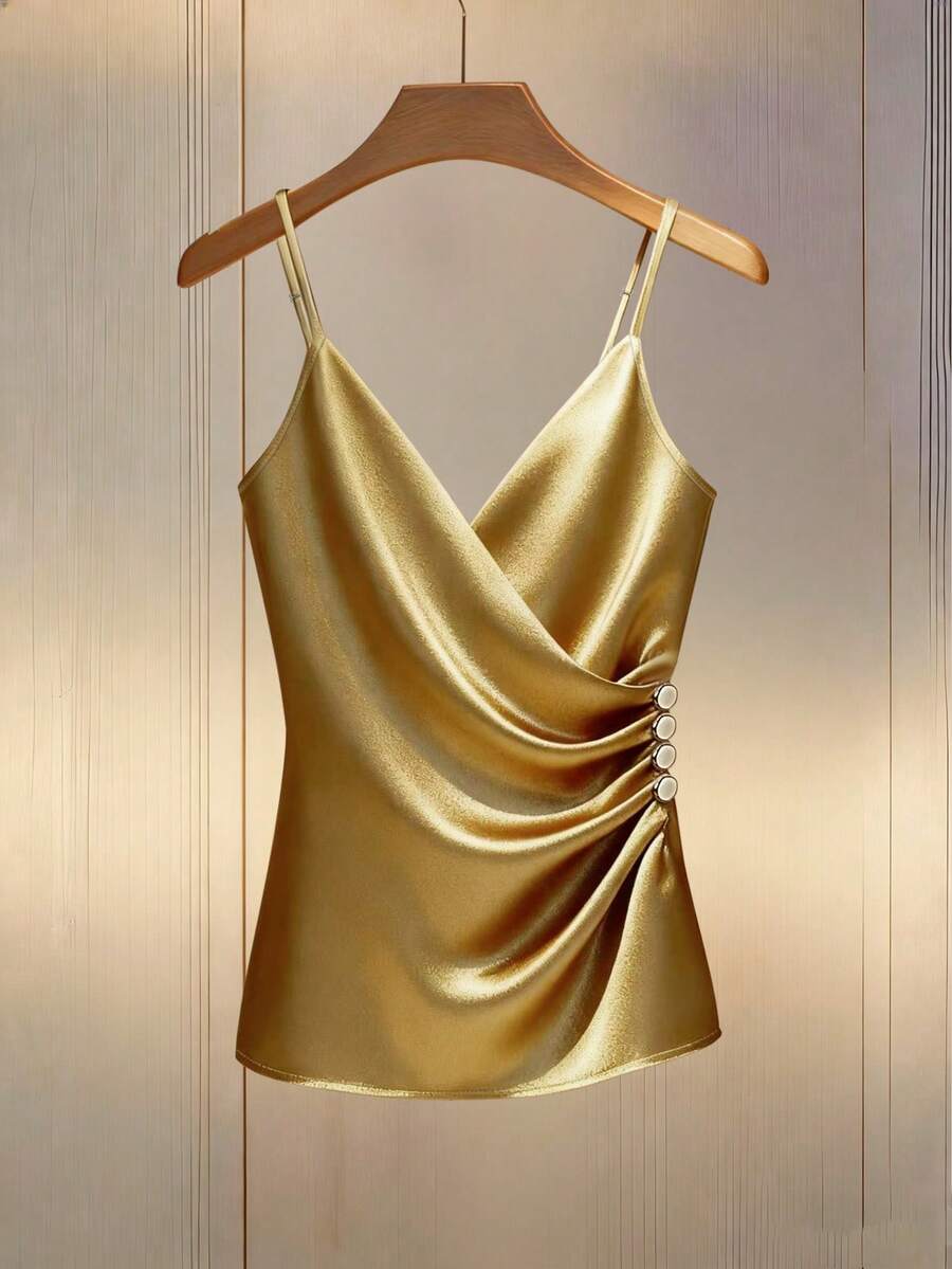 Franclia 女士纯色重叠腰部纽扣褶皱设计时尚百搭度假派对吊带衫 - 金色 - 查看 1