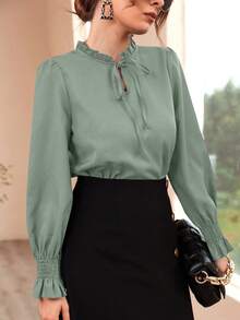 Modelyn Burgundy Red Women's Casual Solid Color Ruffled Sleeve Blouse, Spring And Autumn - Mint Green - View 5