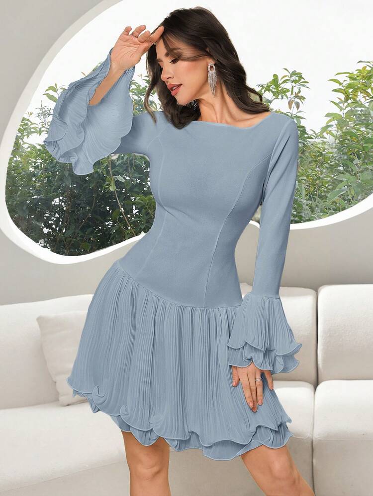 Modelyn Women's Solid Color Round Neck Flare Sleeve Fashionable Mini Dress Long Sleeve Blue Dress Dusty Blue Dress Women - Blue - View 4
