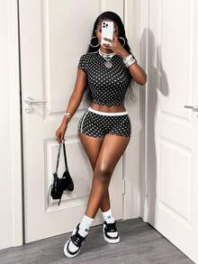 BamGleam 女士休闲波点短袖短裤套装，春夏款，波点图案，春夏款，女士两件套短裤套装，女士短裤套装，夜店装，两件套，小码两件套 - 黑與白 - 查看 6