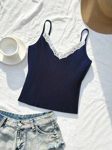 SHEIN Tween Girl Navy Ribbed White Lace Ballet Style Camisole - Blue - View 6