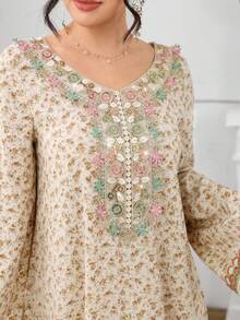 Yasmyna Women's Apricot Woven Floral Embroidered Collar Scalloped Hem Elegant Arabic Style Dress, Spring/Summer - Apricot - View 1