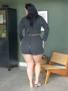 Truni 大码条纹印花双排扣长袖上衣和半裙两件套/秋冬 - 黑色 - 查看 9