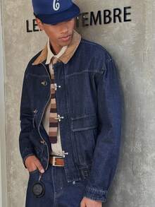 SWAVVY 男士休闲撞色领夹克，秋季复古牛仔街头风夹克，90年代街头服饰 - 藍色 - 查看 5