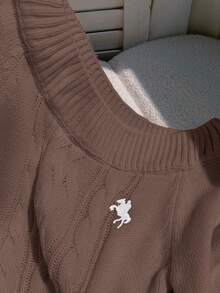 Comfortcana 女士时尚休闲扭结针织露肩长袖毛衣 女士毛衣 棕色毛衣 咖啡棕色上衣 棕色长袖上衣 麻花针织毛衣 女士毛衣 - 棕色 - 查看 7