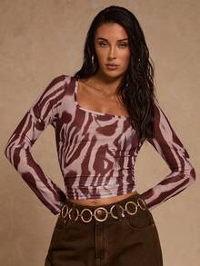 Glamine Ink Dye Mesh Print Square Neck Sheer Women Long Sleeve T-Shirt Cowgirl Top Square-Neck Mesh Fitted Longline Sleeveless Top Spring/Autumn  Night Out Elegant Sexy Party Occasion Elegant Holidays Zebra Print Top Patterned Long Sleeve Top - Multicolor - View 3