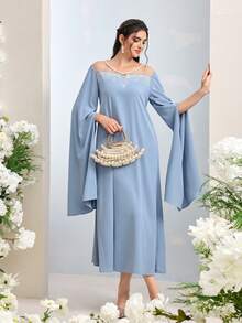 Al Najma 女士时尚优雅网纱拼接土耳其长裙，阿拉伯传统长袍 - 藍色 - 查看 3