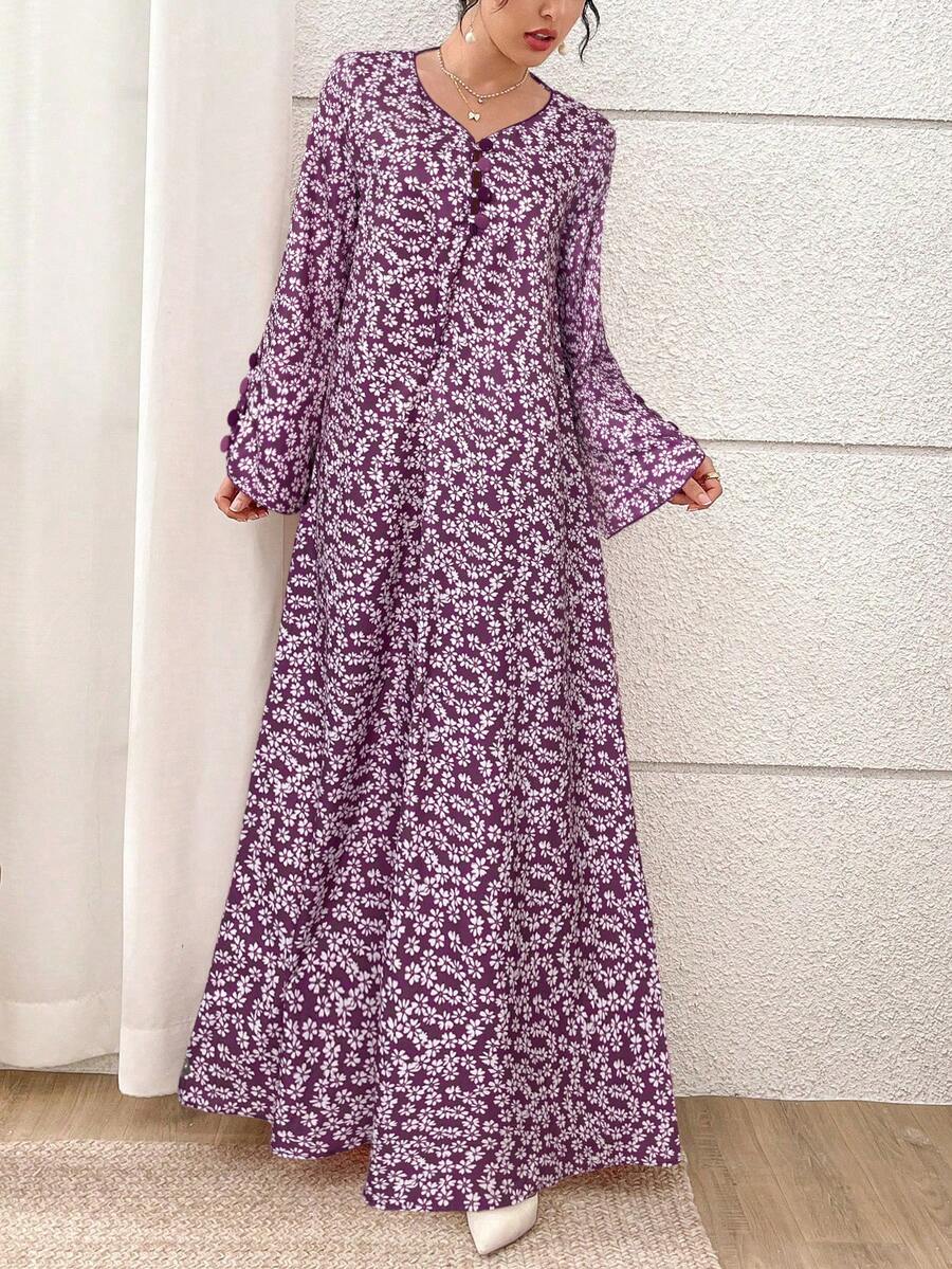 女士印花长袖土耳其长裙和阿拉伯传统长袍 - 中紫紅色 - 查看 1